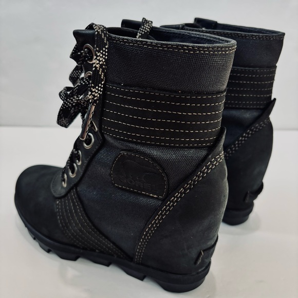 Sorel Lexie Waterproof Black Leather Wedge Heel Lace Up Boots women's 6.5 - Picture 15 of 16